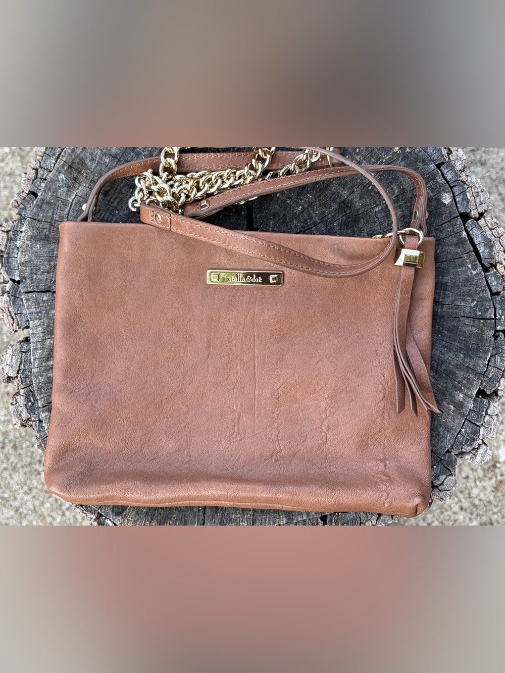 Stella & Dot Cognac Leather Chain-Accent Shoulder Bag